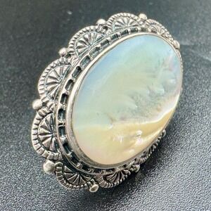 Signed CFJ 925 Sterling Silver Mother of Pearl Ring VTG Oval Filagree Size 6 12g